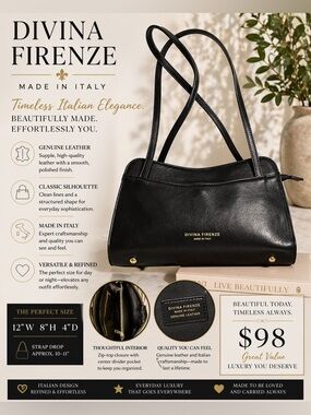 Divina Firenze Black Leather Shoulder Bag Made in Italy LNC